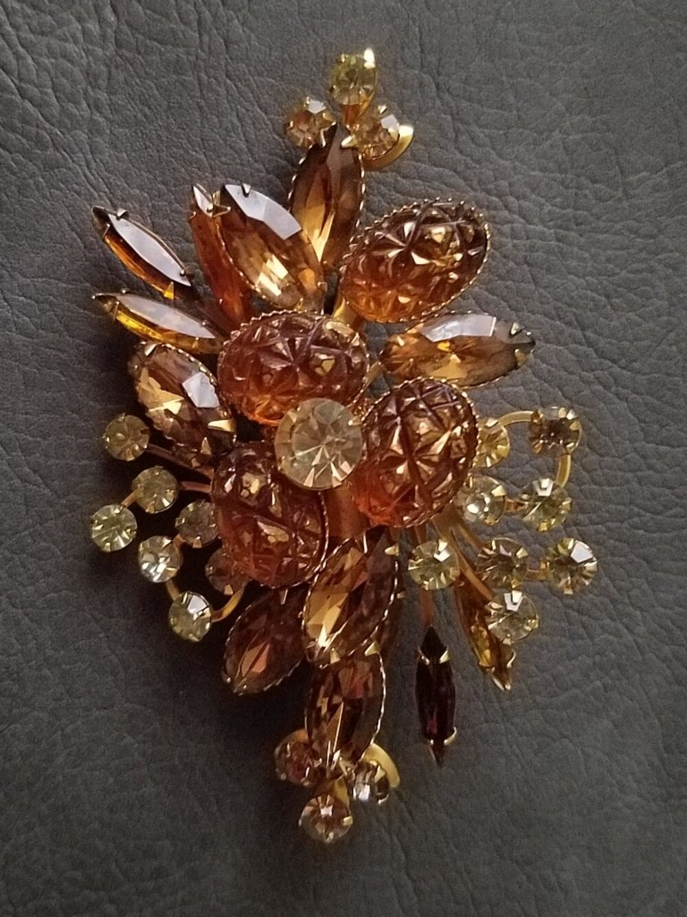 Vintage Unsigned Brown Carved Bead and Brown Rhinestone Statement Brooch